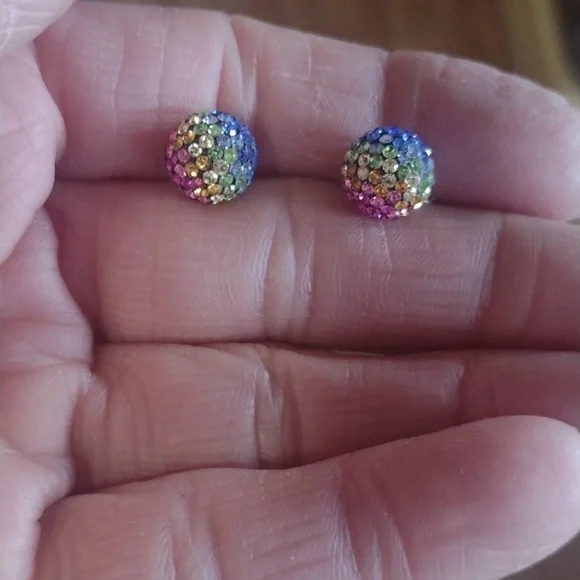 VINTAGE STERLING SILVER .925 MULTICOLOR PAVE CRYSTAL 8MM BALL STUD EARRINGS - Picture 6 of 9